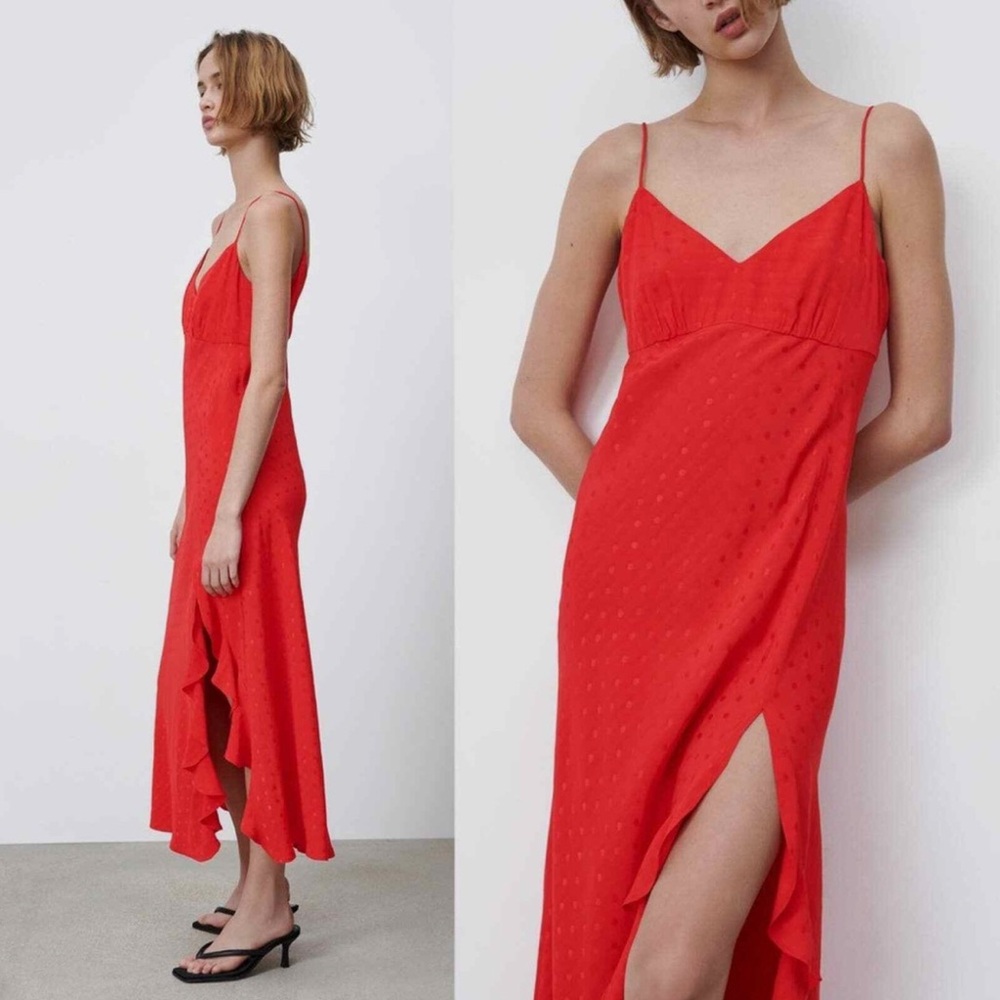 Zara Women’s Red Jacquard Polka Dot Spaghetti-Strap High Slit Ruffle Maxi Dress
